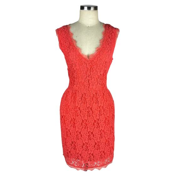 BABATON Coral Pink Orange Lace Mini Dress Size 8 Preppy Chic Glam V-Neck - Picture 1 of 7